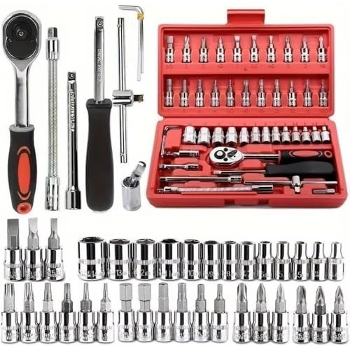 Kit Ferramentas 46 Peças com Chave Catraca 1/4", Soquetes Métricos Allen e Torx, Barra Extensora, Aço Cromo Vanádio – Maleta Compacta para Reparos Automotivos, Oficina e Uso Doméstico - Premium