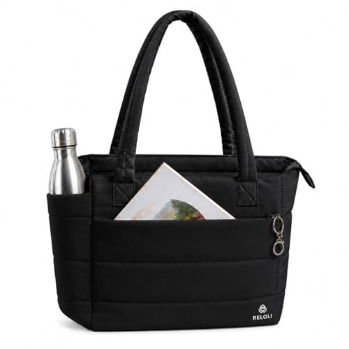 Reloli Bolsa Tote Puffer Feminina, Grande e Leve, com Compartimento para Notebook 15,6" e Vários Bolsos – Estilo Minimalista para Trabalho, Faculdade, Academia e Viagem de Mão (Preto)